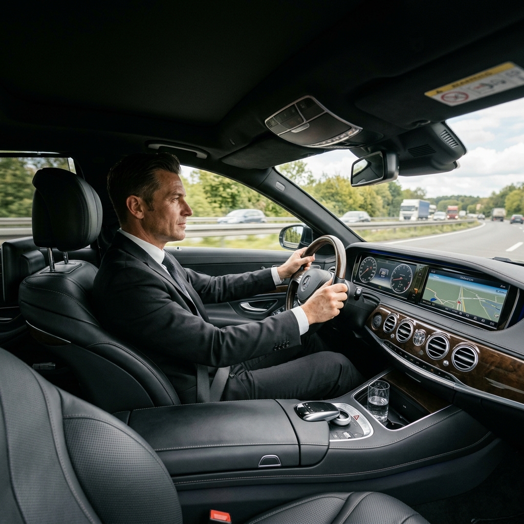 Professional chauffeur in suit driving a black luxury sedan